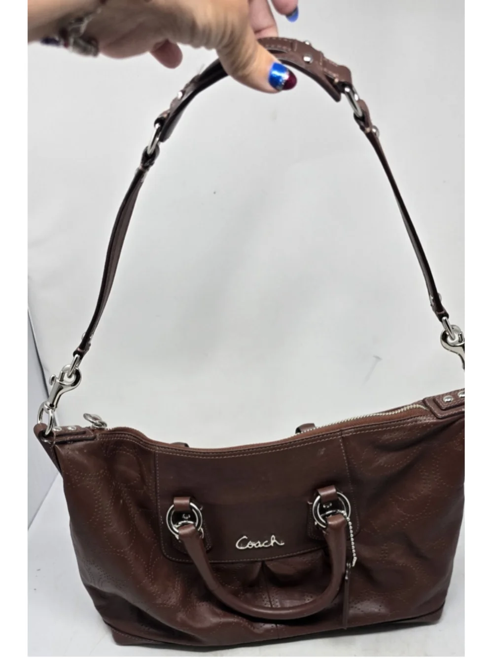 Coach Ashley Brown Perforated Leather Handbag Satchel Shoulder Bag BoHo